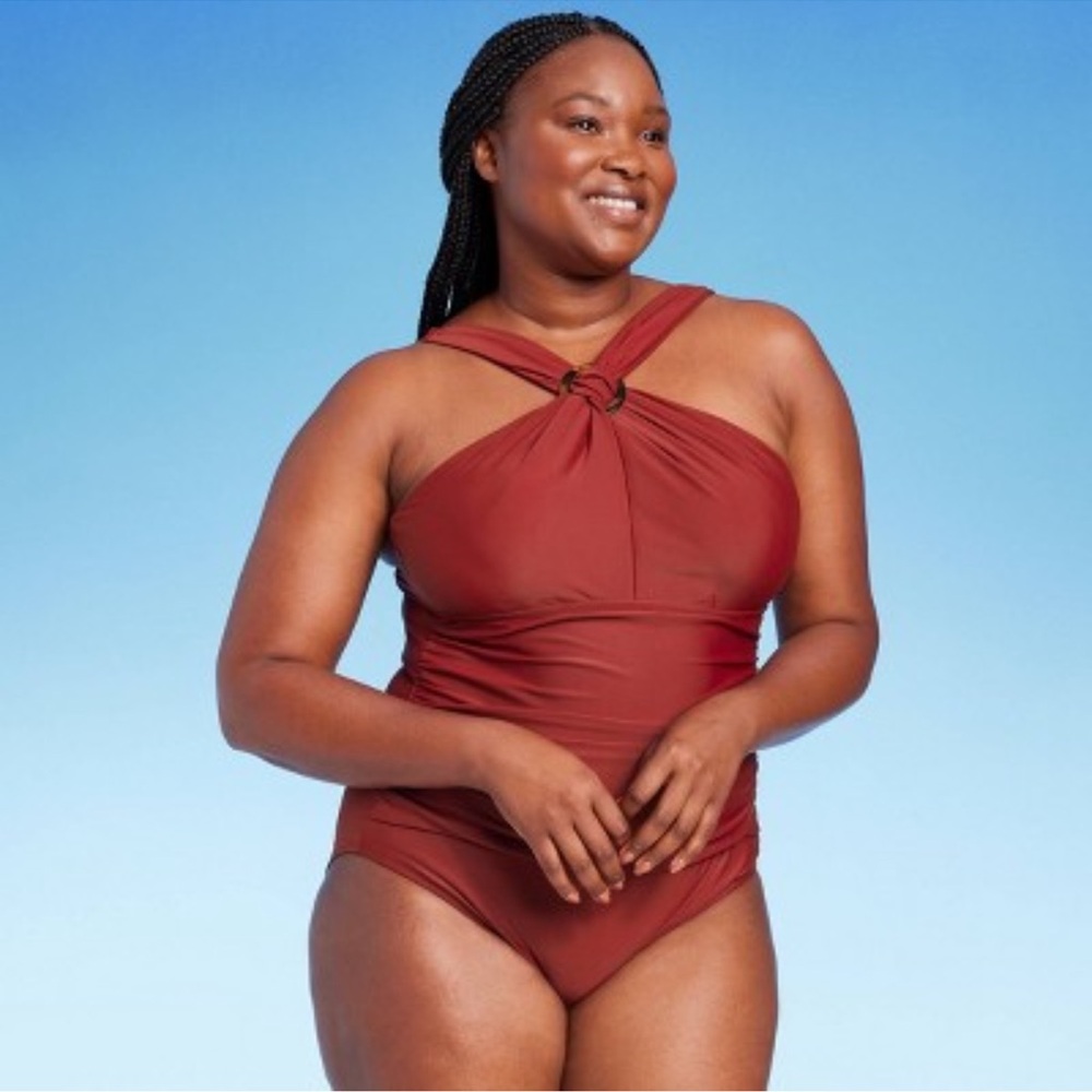 Kona Sol Women's Ruched One Piece Swimsuit Ring Crossover Full Coverage S-XL
